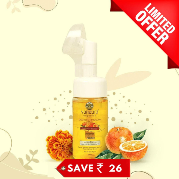Refreshing burst  Mild foaming face cleanser enriched with Orange and marigold extracts with silicon brush (For clean, hydrated skin) - Vanaura Organics
